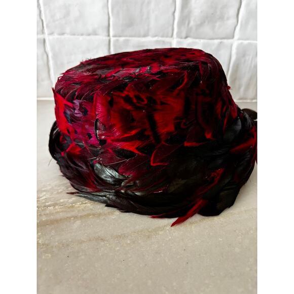 Vintage Chapeaux Louise Red Black Feather Pillbox Cocktail Hat Fascinator main image 7